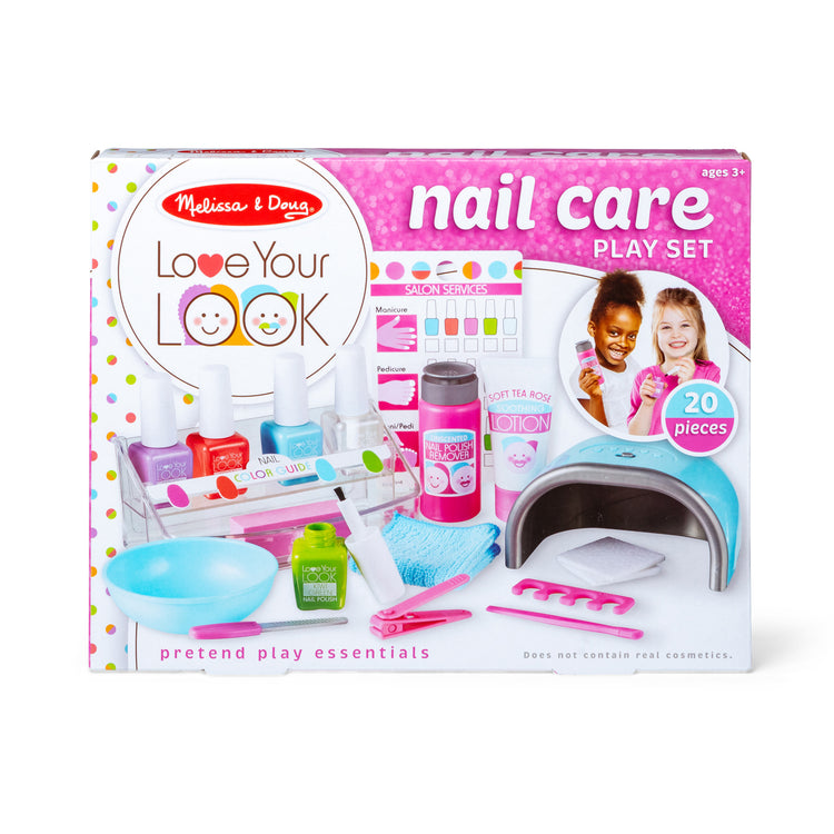 The front of the box for The Melissa & Doug Love Your Look Pretend Nail Care Play Set – 22 Pieces for Mess-Free Play Mani-Pedis (DOES NOT CONTAIN REAL COSMETICS)