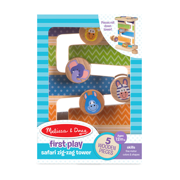 The front of the box for The Melissa & Doug First Play Wooden Safari Zig-Zag Tower With 4 Rolling Pieces