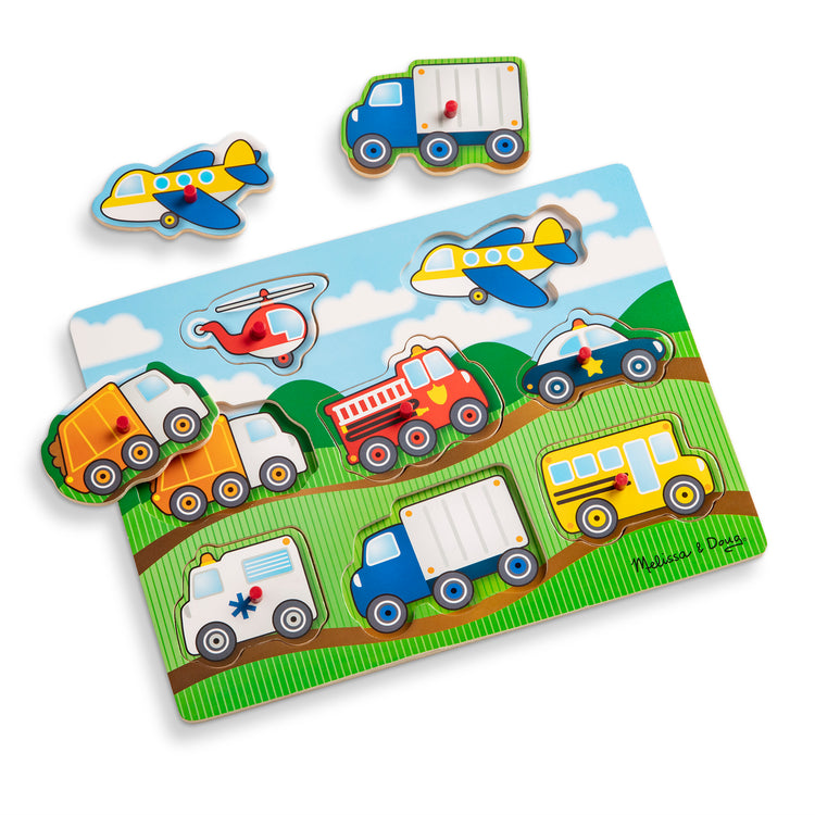 The loose pieces of The Melissa & Doug Wooden Peg Puzzle 4-Pack for Toddler and Preschool Boys and Girls – Vehicles, Farm, Safari, Pets