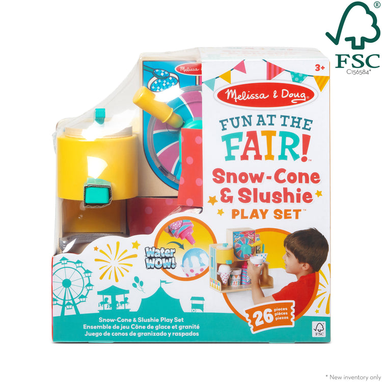 The front of the box for The Melissa & Doug Fun at the Fair! Wooden Snow-Cone and Slushie Play Food Set