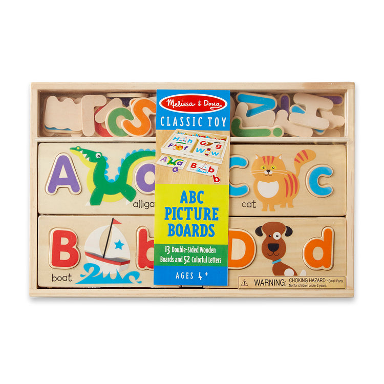 The front of the box for The Melissa & Doug ABC Picture Boards - Educational Toy With 13 Double-Sided Wooden Boards and 52 Letters