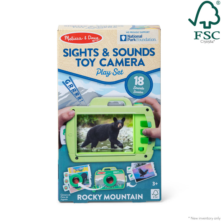 The front of the box for The Melissa & Doug Rocky Mountain National Park Sights and Sounds Wooden Toy Camera Play Set