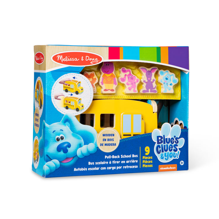 The front of the box for The Melissa & Doug Blue's Clues & You! Wooden Pull-Back School Bus (9 Pieces)