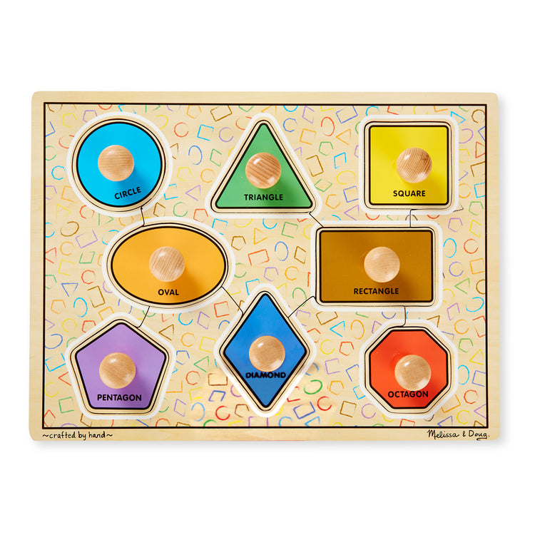 An assembled or decorated The Melissa & Doug Deluxe Jumbo Knob Wooden Puzzle - Geometric Shapes (8 pcs)