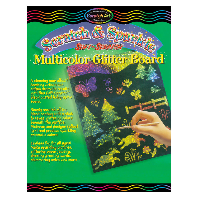 The front of the box for The Melissa & Doug Scratch Art Scratch and Sparkle, Multicolor Glitter Board, 10-Pack