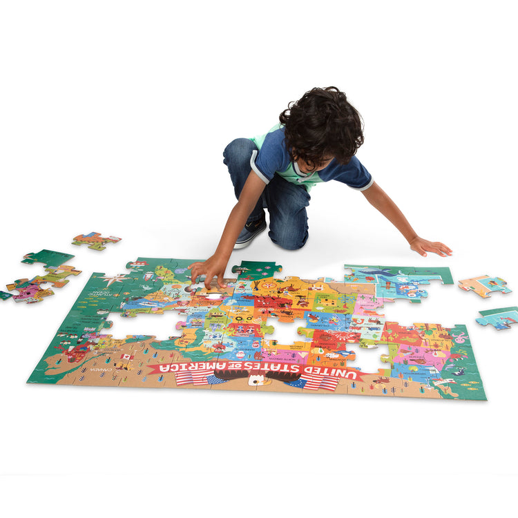 A child on white background with The Melissa & Doug Natural Play Giant Floor Puzzle: America the Beautiful (60 Pieces)