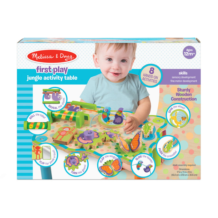 The front of the box for The Melissa & Doug First Play Children’s Jungle Wooden Activity Table for Toddlers