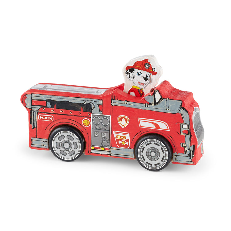 An assembled or decorated The Melissa & Doug PAW Patrol Wooden Vehicles Craft Kit - 3 Decorate Your Own Vehicles, 3 Play Figures