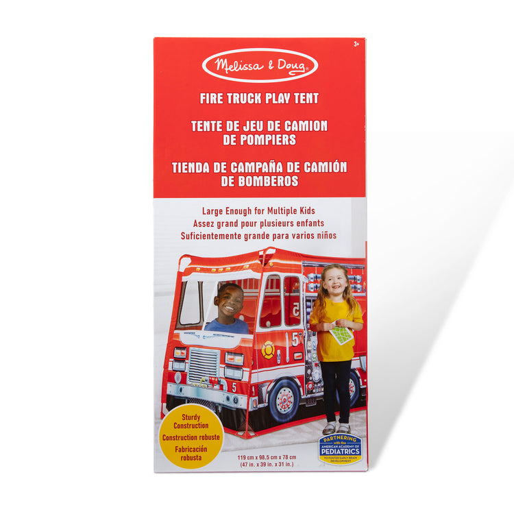 The front of the box for The Melissa & Doug Fire Truck Play Tent