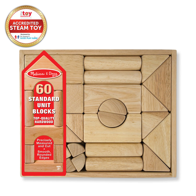 The front of the box for The Melissa & Doug Standard Unit Solid-Wood Building Blocks With Wooden Storage Tray (60 pcs)