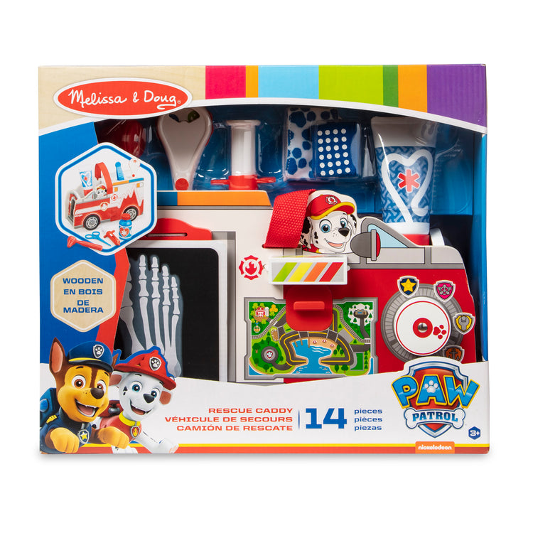 The front of the box for The Melissa & Doug PAW Patrol Marshall's Wooden Rescue EMT Caddy (14 Pieces)