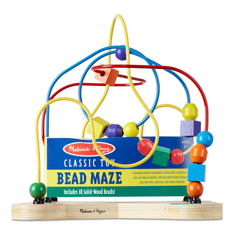 The front of the box for The Melissa & Doug Classic Bead Maze - Wooden Educational Toy
