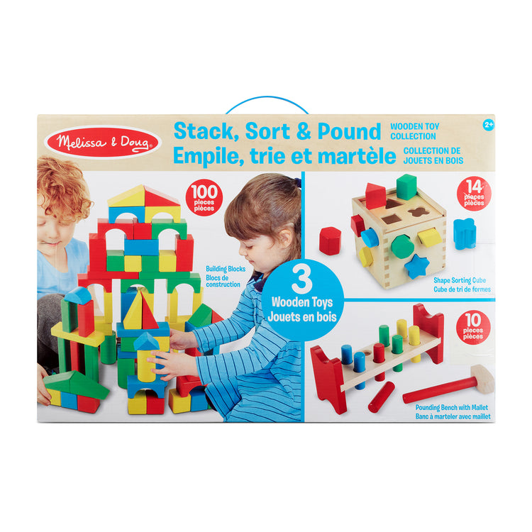 The front of the box for The Melissa & Doug Stack, Sort & Pound Wooden Toy Collection (Building Blocks, Shape Sorter, Pounding Bench)