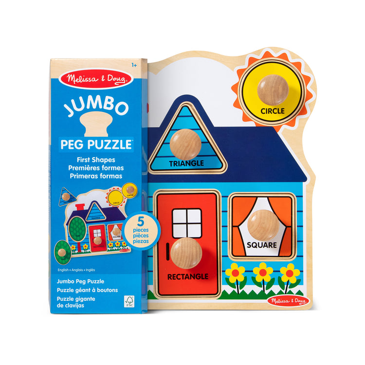 The front of the box for The Melissa & Doug First Shapes Jumbo Peg Wooden Puzzle