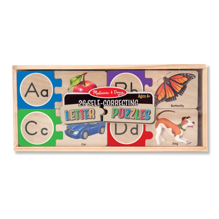 The front of the box for The Melissa & Doug Self-Correcting Alphabet Wooden Puzzles With Storage Box (52 pcs)