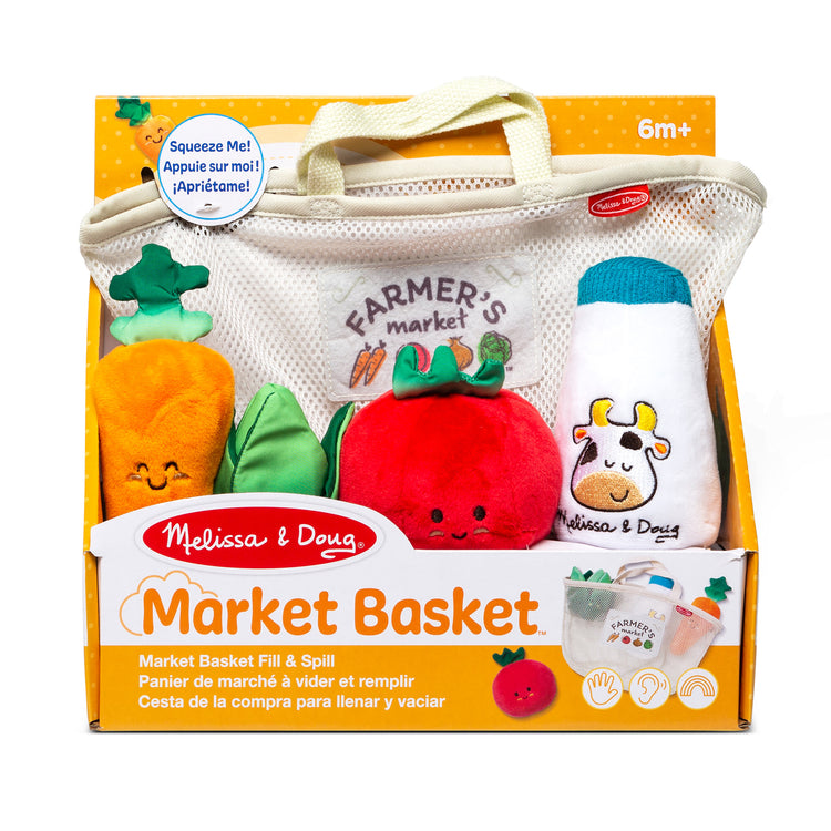 The front of the box for The Melissa & Doug Multi-Sensory Market Basket Fill & Spill Infant Toy