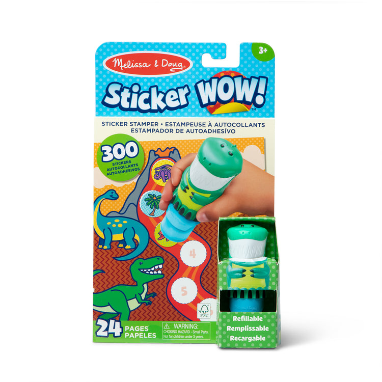 The front of the box for The Melissa & Doug Sticker WOW!™ 24-Page Activity Pad and Sticker Stamper, 300 Stickers, Arts and Crafts Fidget Toy Collectible Character – Dinosaur