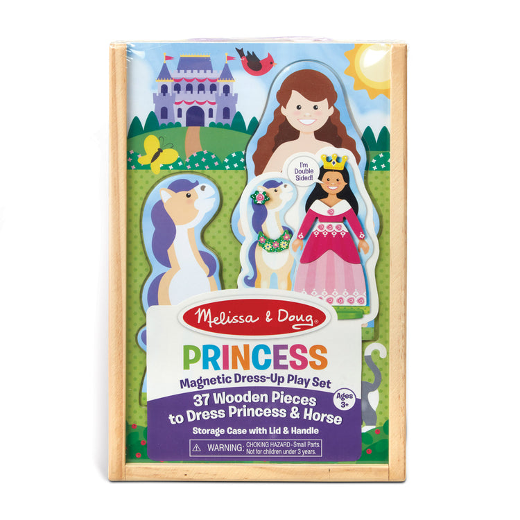 The front of the box for The Melissa & Doug Princess & Horse Magnetic Pretend Play Wooden Dolls Pretend Play Set (35 pcs)