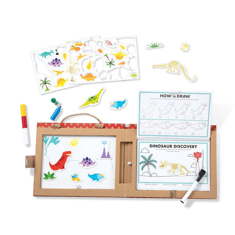 The loose pieces of The Melissa & Doug Natural Play: Play, Draw, Create Dinosaurs Drawing Activity Set & Magnet Kit - Reusable Mess-Free Travel Activity