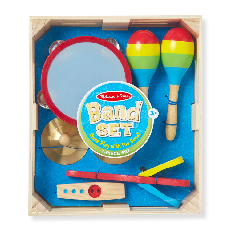 The front of the box for The Melissa & Doug Wooden Children's Band in a Box Set - 7 Pieces