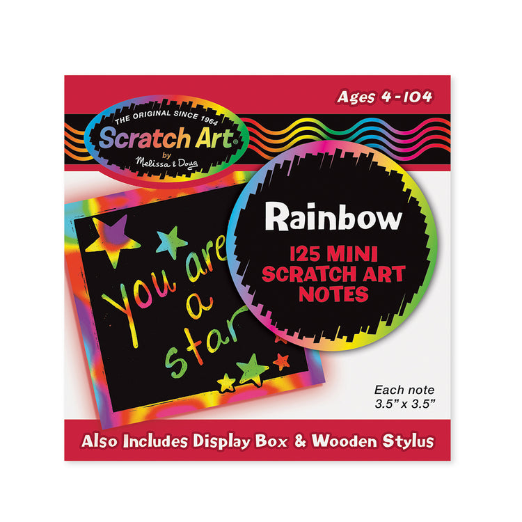 The front of the box for The Melissa & Doug Scratch Art Rainbow Mini Notes (125) With Wooden Stylus