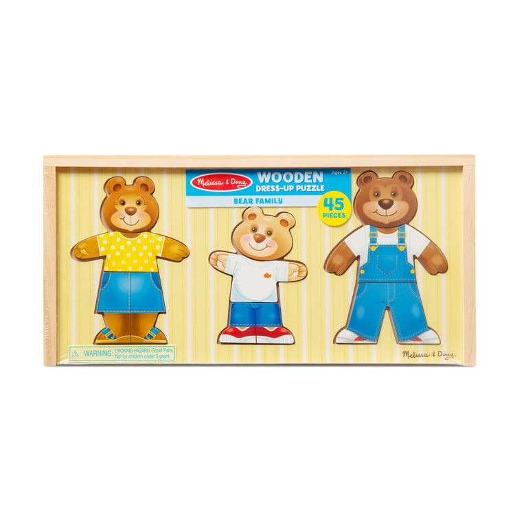 The front of the box for The Melissa & Doug Mix 'n Match Wooden Bear Family Dress-Up Puzzle With Storage Case (45 pcs)