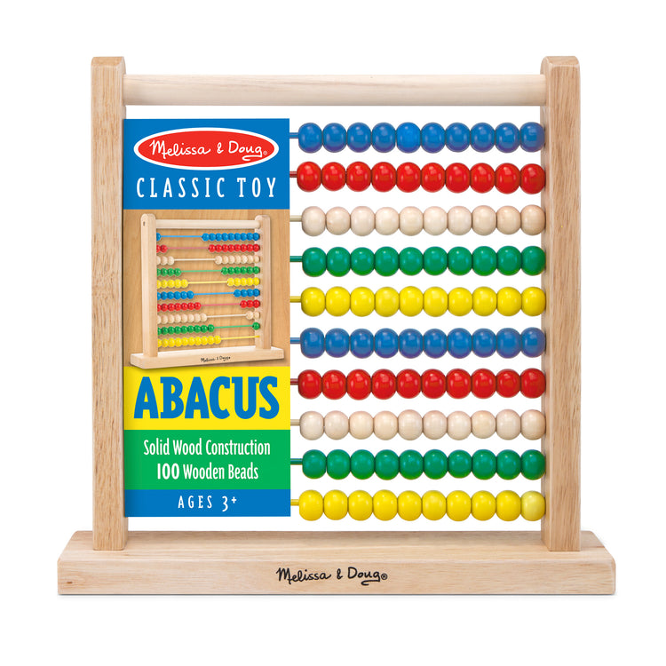 The front of the box for The Melissa & Doug Abacus - Classic Wooden Educational Counting Toy With 100 Beads