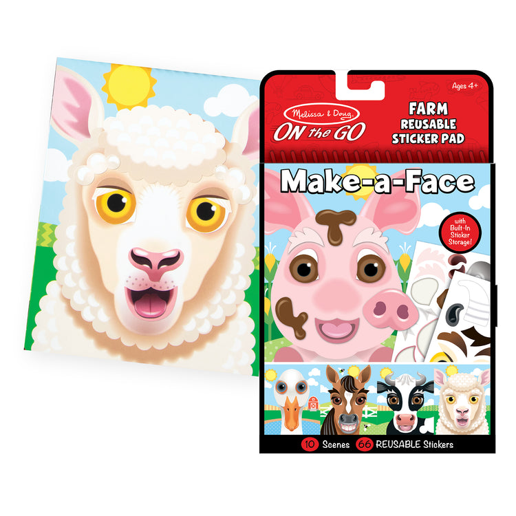 The loose pieces of The Melissa & Doug Make-a-Face Reusable Sticker Pad Animals 3-Pack (Safari, Farm, Pets)