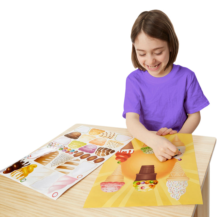 A child on white background with The Melissa & Doug Sticker Pads 3-Pack - Sweets and Treats, Make-a-Face Fashion, and Make-a-Meal