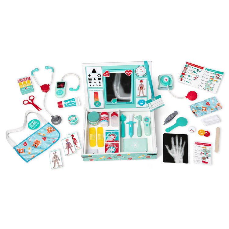 The loose pieces of The Melissa & Doug Deluxe Doctor’s Office Play Set with Take-Along Wooden Case and Magnetic Play Board – 46 Pieces