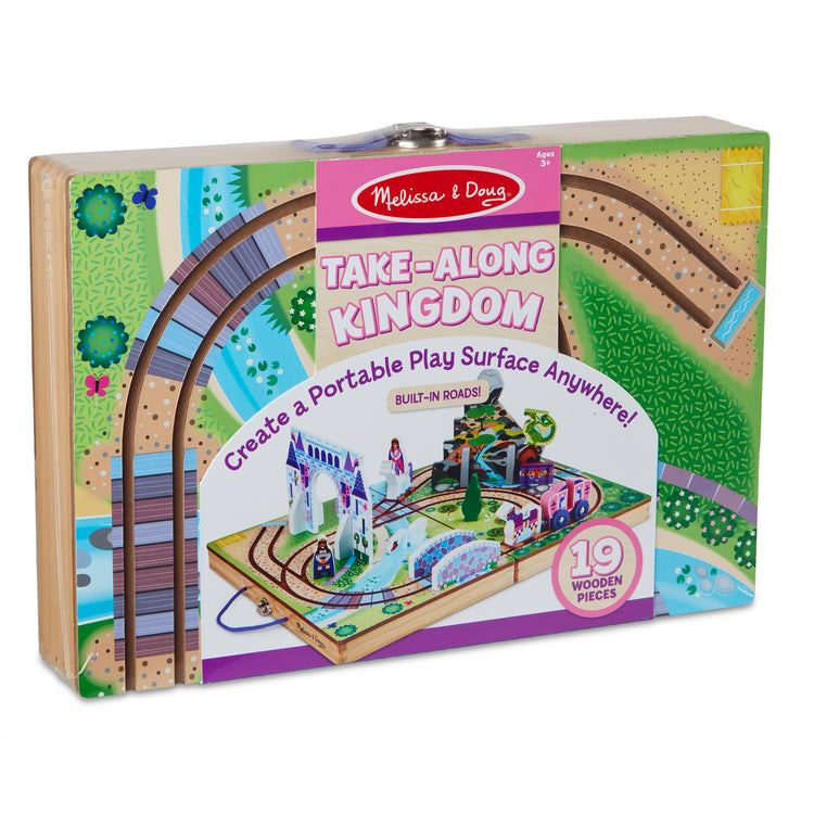 The front of the box for The Melissa & Doug 19-Piece Wooden Take-Along Tabletop Kingdom – Carriage, Horse, Unicorn, Dragon, More