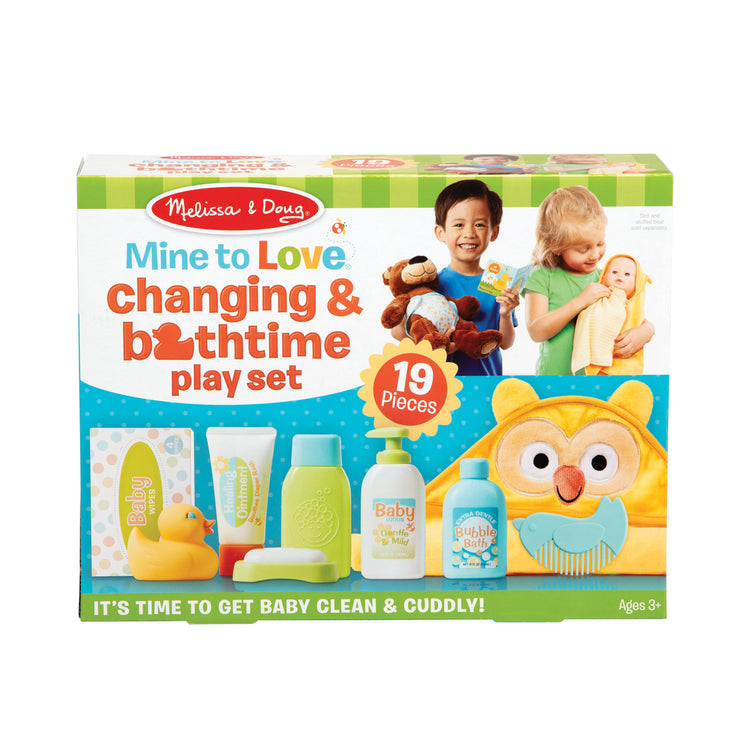 The front of the box for The Melissa & Doug Mine to Love Changing & Bathtime Play Set for Dolls – Diapers, Pretend Shampoo,Wipes, Towel,  More (19 pcs)