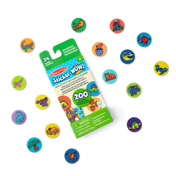 The loose pieces of The Melissa & Doug Sticker WOW!™ Mini Activity Pad and 200+ Refill Stickers for Sticker Stamper Arts and Crafts Fidget Toy Collectibles – Dinosaur Stickers