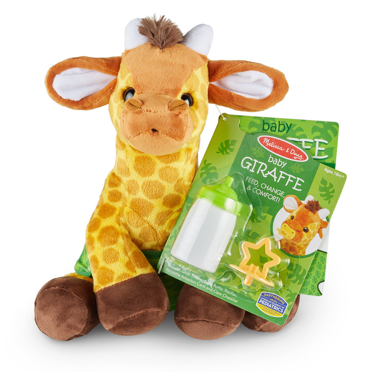 The front of the box for The Melissa & Doug 11-Inch Baby Giraffe Plush Stuffed Animal with Pacifier, Diaper, Baby Bottle