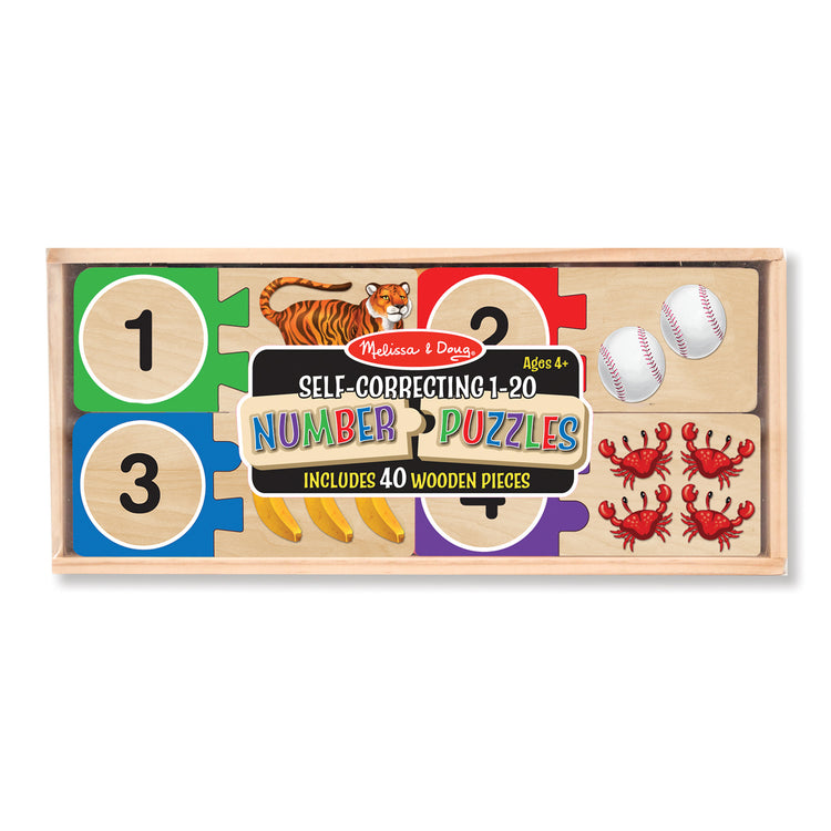 The front of the box for The Melissa & Doug Self-Correcting Wooden Number Puzzles With Storage Box (40 pcs)