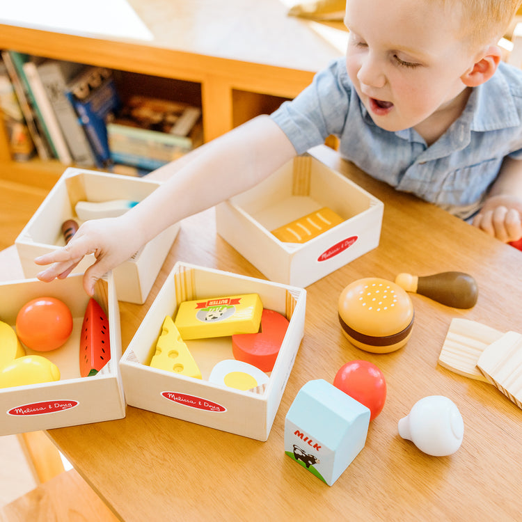 A kid playing with The Melissa & Doug Food Groups - 21 Wooden Pieces and 4 Crates, Multi