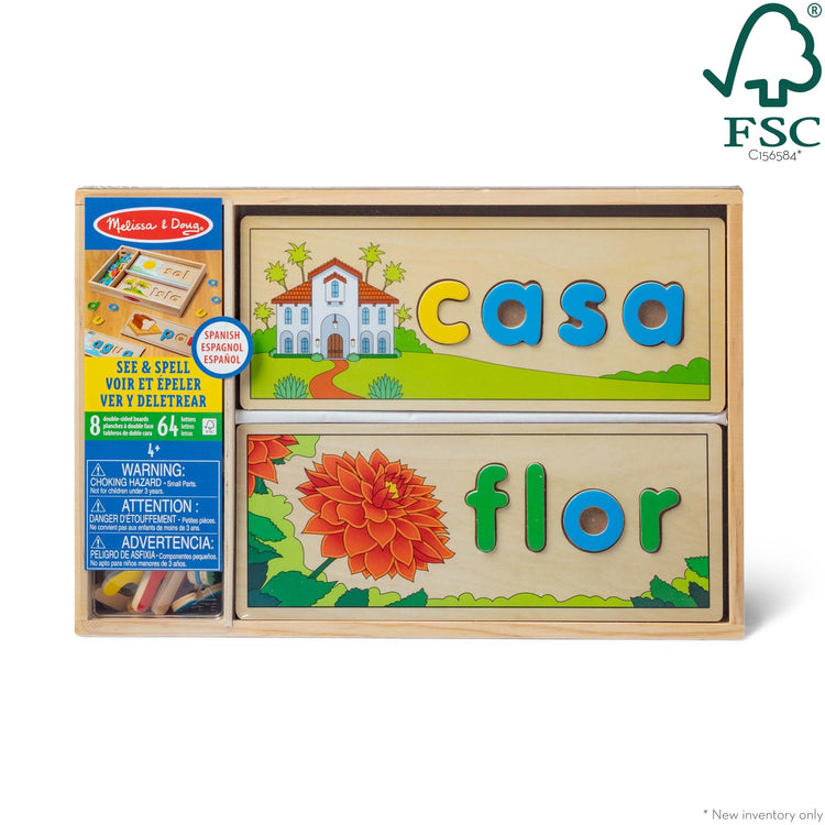 A kid playing with The Melissa & Doug Spanish See & Spell Educational Language Learning Toy