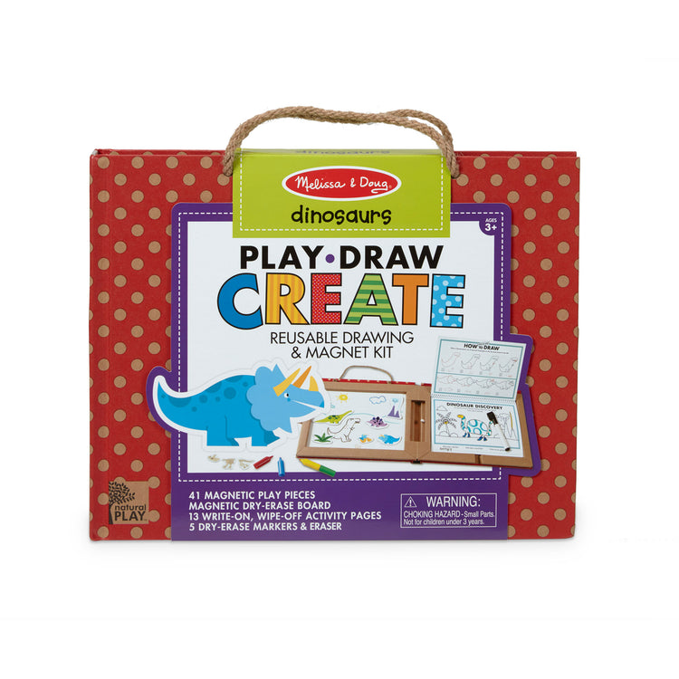 The front of the box for The Melissa & Doug Natural Play: Play, Draw, Create Dinosaurs Drawing Activity Set & Magnet Kit - Reusable Mess-Free Travel Activity