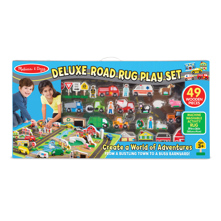 The front of the box for The Melissa & Doug Deluxe Activity Road Rug Play Set with 49 Wooden Vehicles and Play Pieces