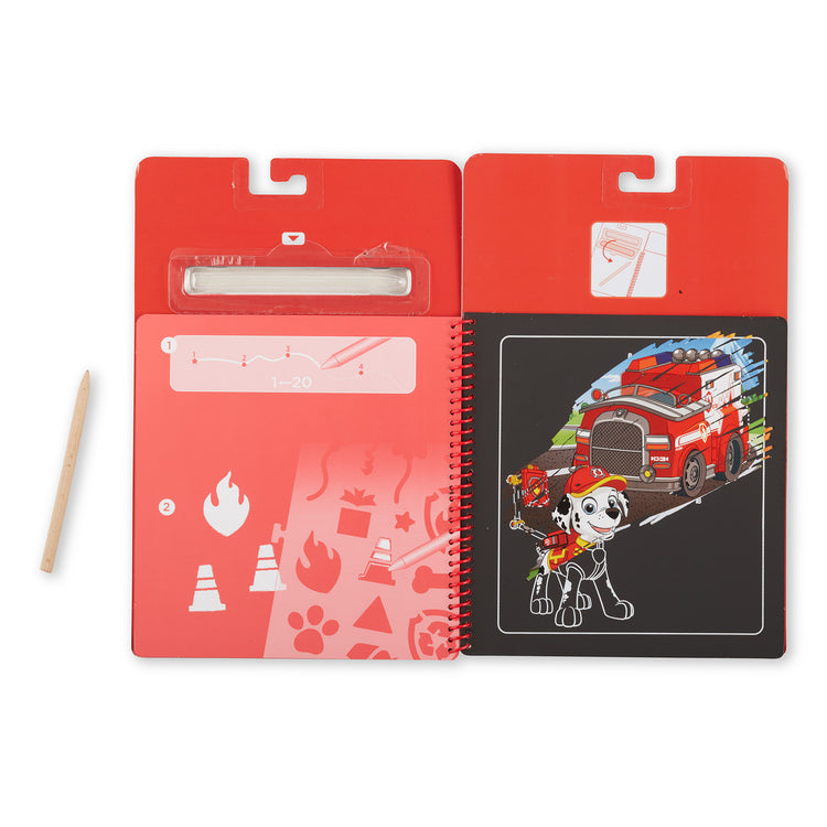 An assembled or decorated The Melissa & Doug PAW Patrol Scratch Art Pad - Marshall Color Reveal Travel Activity Pad (10 Scenes)