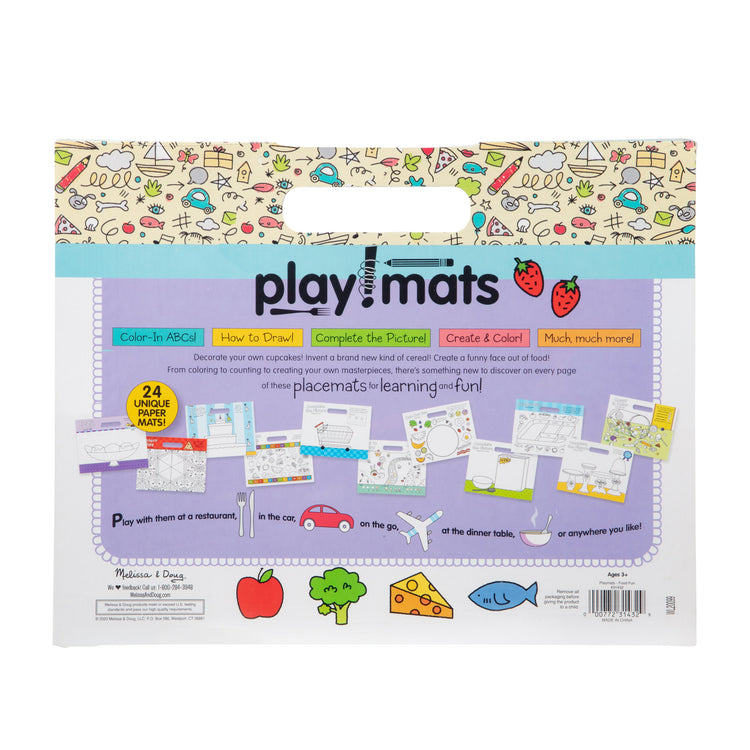 The front of the box for The Melissa & Doug Playmats Food Fun Take-Along Paper Coloring And Learning Activity Pads (24 Pages)