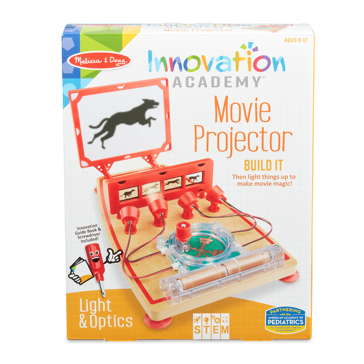 The front of the box for The Melissa & Doug Innovation Academy Movie Projector Wooden Build-and-Play Mini Movie Theater