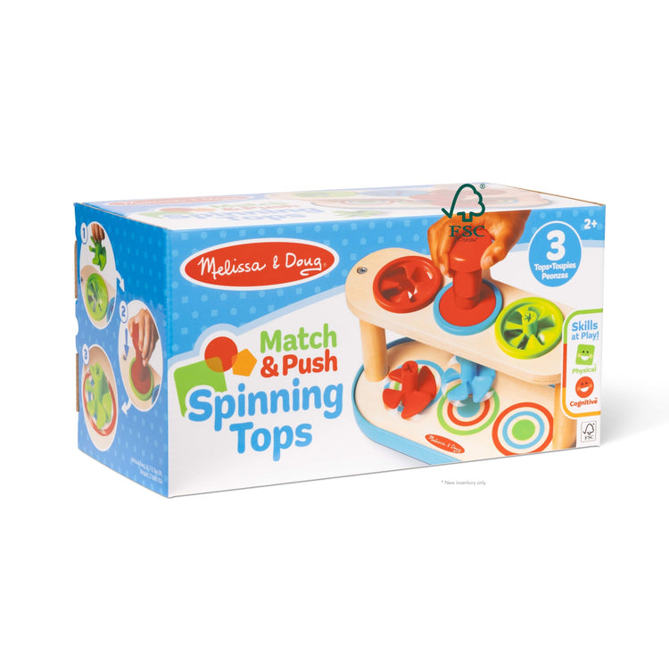 The front of the box for The Melissa & Doug Match & Push Spinning Tops Developmental Skills Toy for Girls and Boys 2+ 