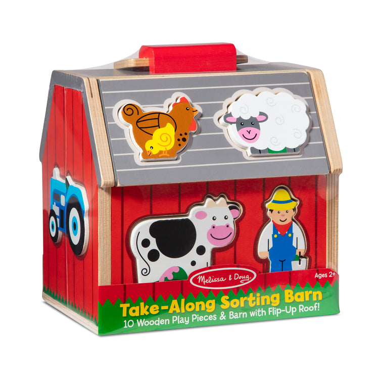 The front of the box for The Melissa & Doug Wooden Take-Along Sorting Barn Toy with Flip-Up Roof and Handle 10 Wooden Farm Play Pieces