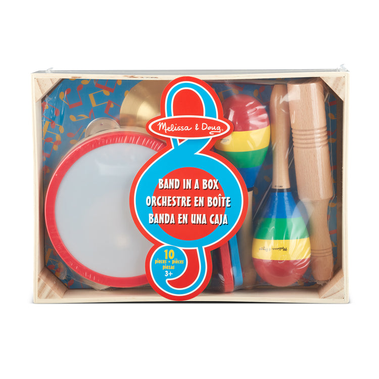 The front of the box for The Melissa & Doug Band-in-a-Box Clap! Clang! Tap! - 10-Piece Musical Instrument Set