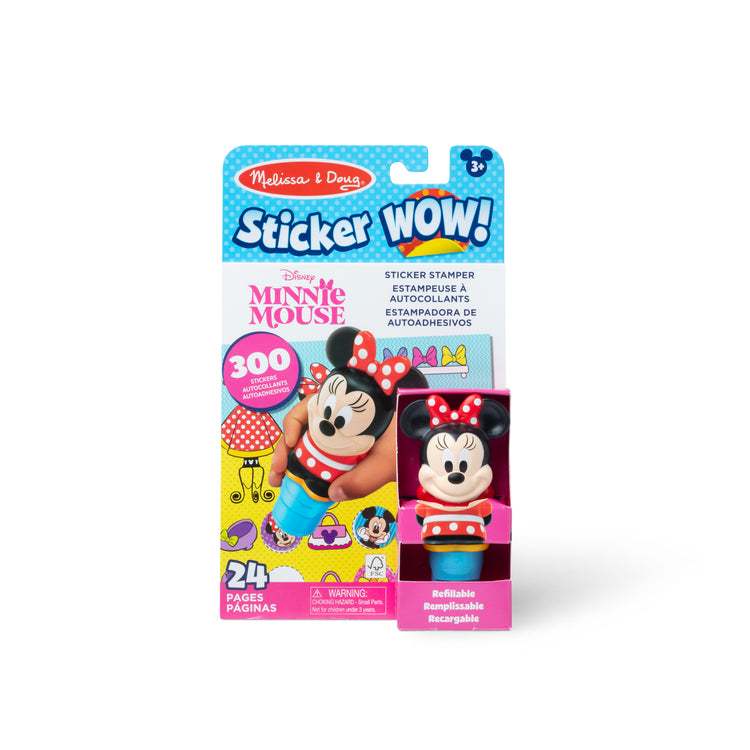 The front of the box for The Melissa & Doug Sticker WOW!™ 24-Page Activity Pad and Sticker Stamper, 300 Stickers, Arts and Crafts Fidget Toy Collectible Character – Disney Minnie Mouse