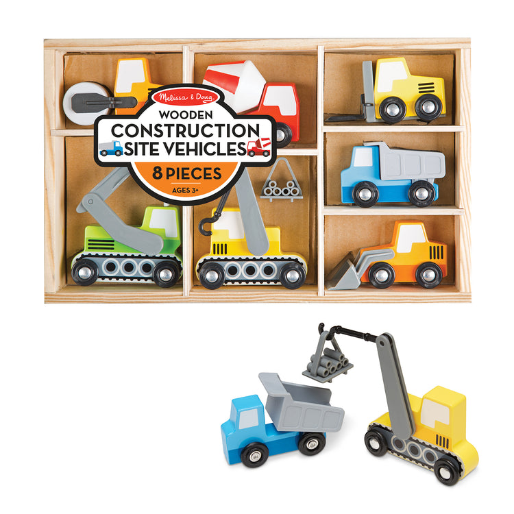 The loose pieces of The Melissa & Doug Wooden Construction Site Vehicles With Wooden Storage Tray (8 pcs)