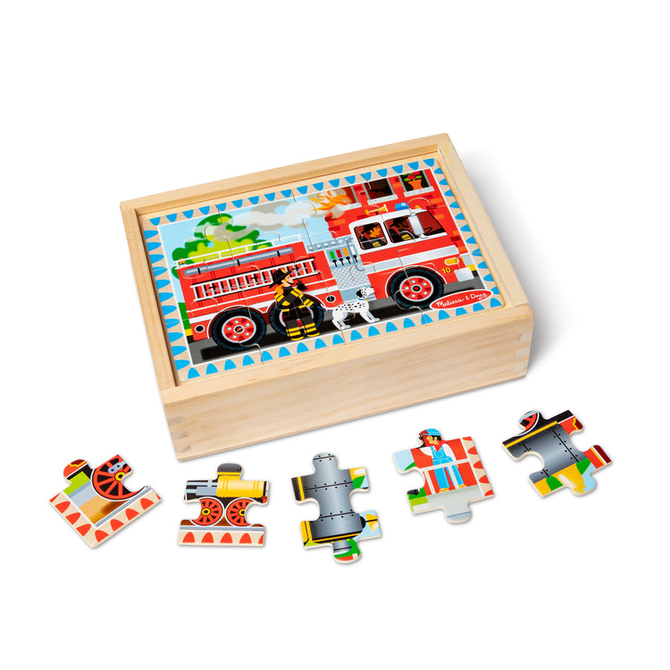 The loose pieces of The Melissa & Doug Wooden Jigsaw Puzzles in a Box 2-Pack for Preschool Boys and Girls – Pets, Vehicles