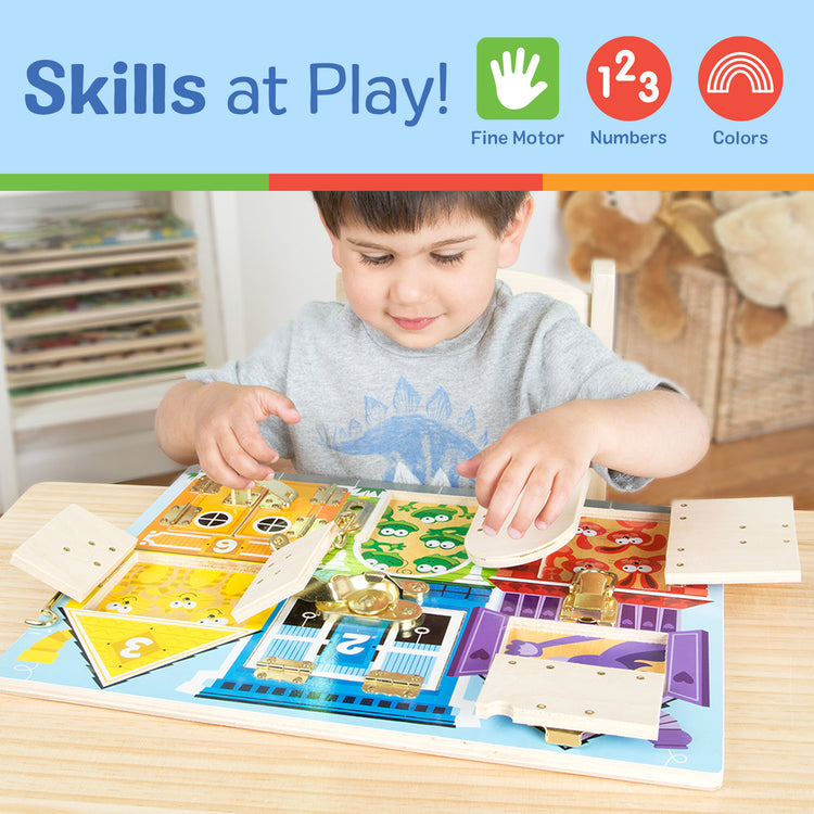 A kid playing with The Melissa & Doug Latches Wooden Activity Board