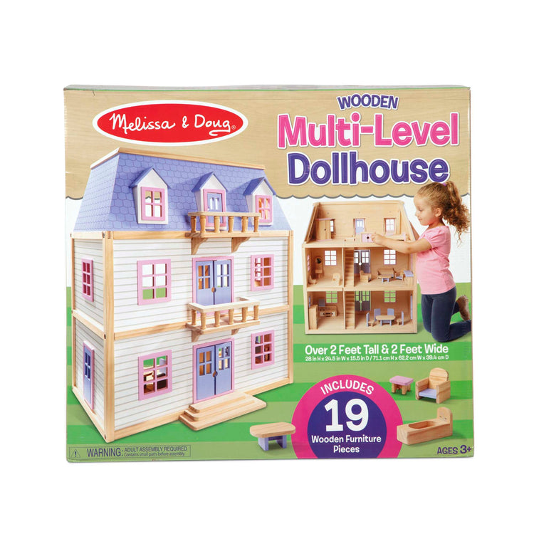 The front of the box for The Melissa & Doug Modern Wooden Multi-Level Dollhouse With 19 pcs Furniture [White]